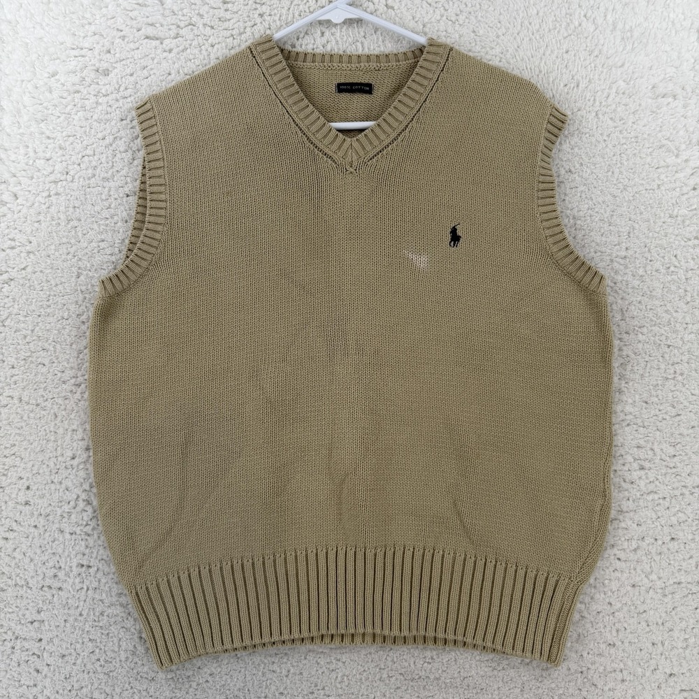 Polo Ralph Lauren Sweater Vest Mens Medium Beige Cotton V Neck Heavy Knit Logo